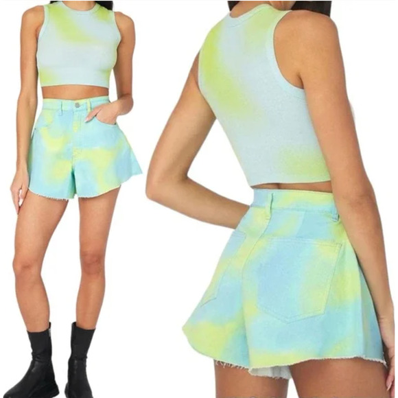 WEWOREWHAT NWT Flare Bell Denim Shorts Blue Yellow Tie Dye High Rise Women's 25 - Picture 1 of 9